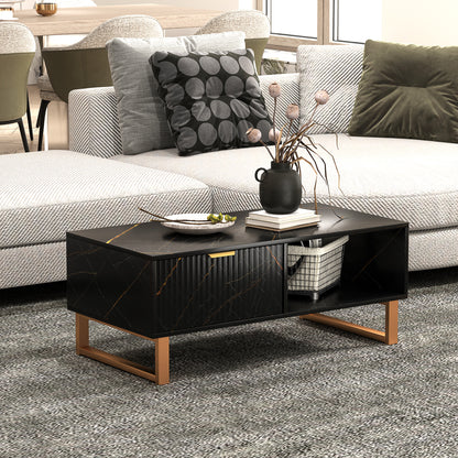 Coffee Table, Living Room Table with Drawer and Open Shelves, Black