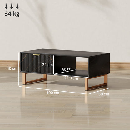 Coffee Table, Living Room Table with Drawer and Open Shelves, Black