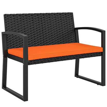 2 Seater Rattan Garden Bench with Cushion, Steel Frame, Orange