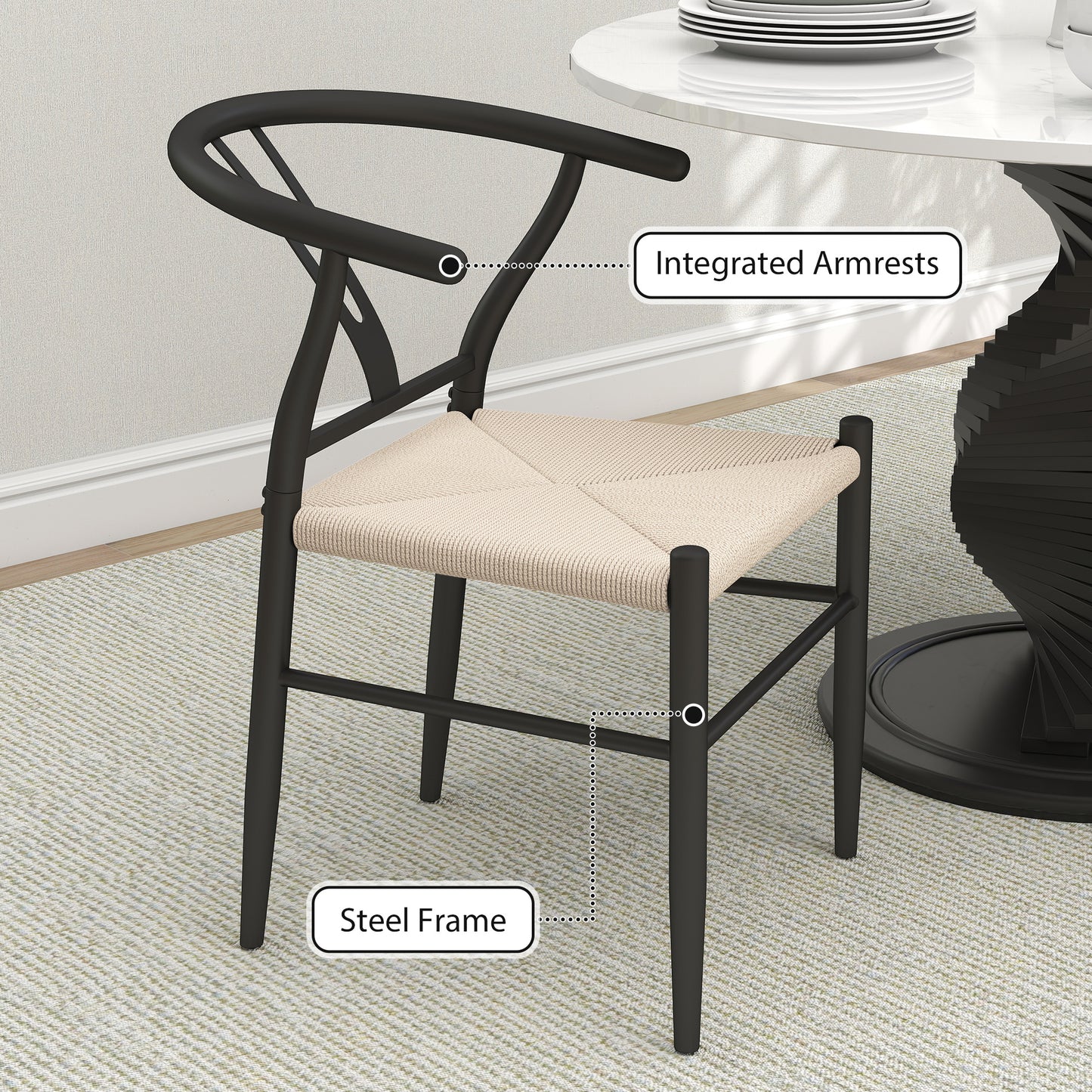 Weave Dining Chairs Set of 2 with Y-Shaped Backrest Hemp Seat Black