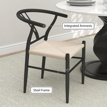 Weave Dining Chairs Set of 2 with Y-Shaped Backrest Hemp Seat Black