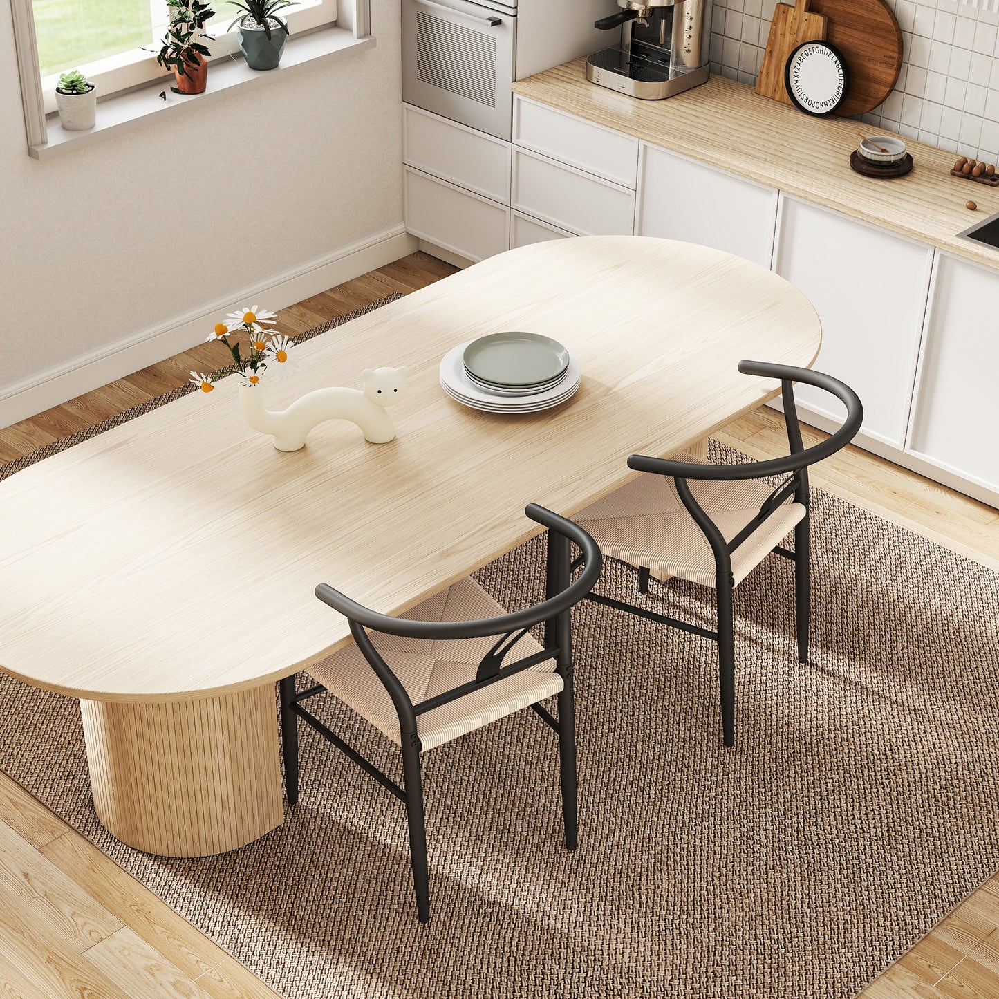 Weave Dining Chairs Set of 2 with Y-Shaped Backrest Hemp Seat Black