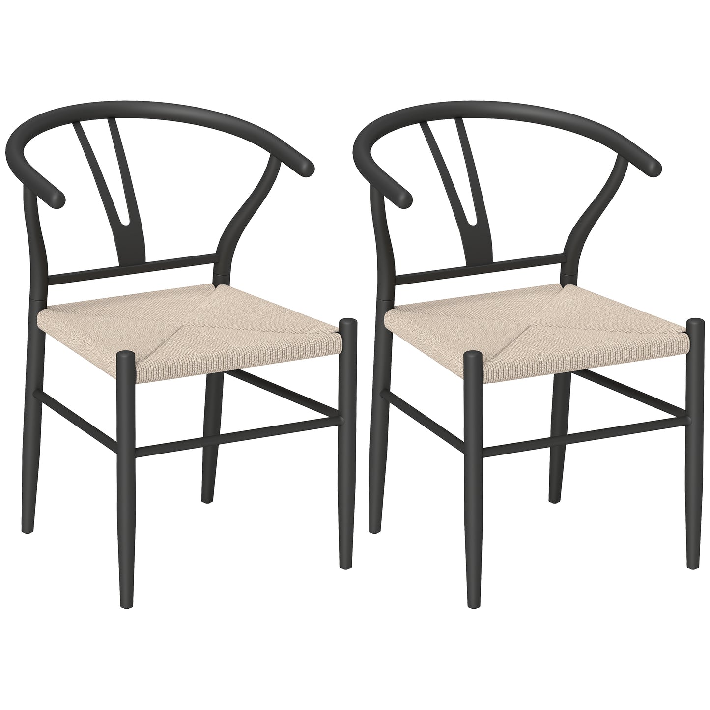 Weave Dining Chairs Set of 2 with Y-Shaped Backrest Hemp Seat Black
