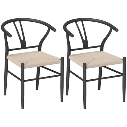 Weave Dining Chairs Set of 2 with Y-Shaped Backrest Hemp Seat Black