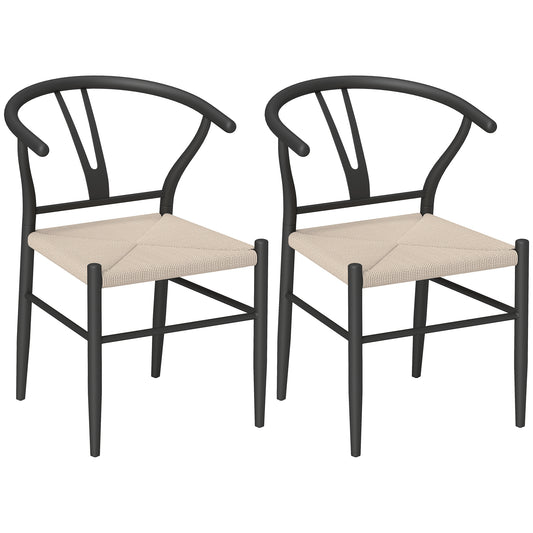 Weave Dining Chairs Set of 2 with Y-Shaped Backrest Hemp Seat Black