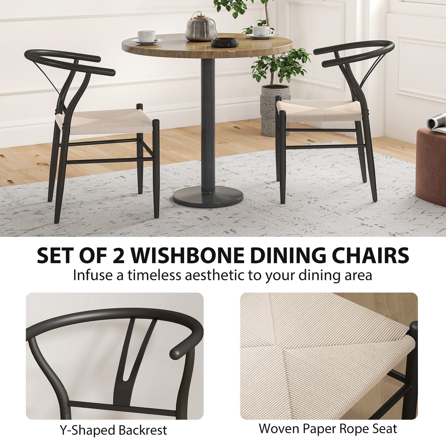 Weave Dining Chairs Set of 2 with Y-Shaped Backrest Hemp Seat Black