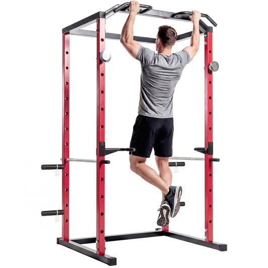 Adjustable Power Rack with Pull-Up Bar, Dip Station and J-Hooks - Red & Black