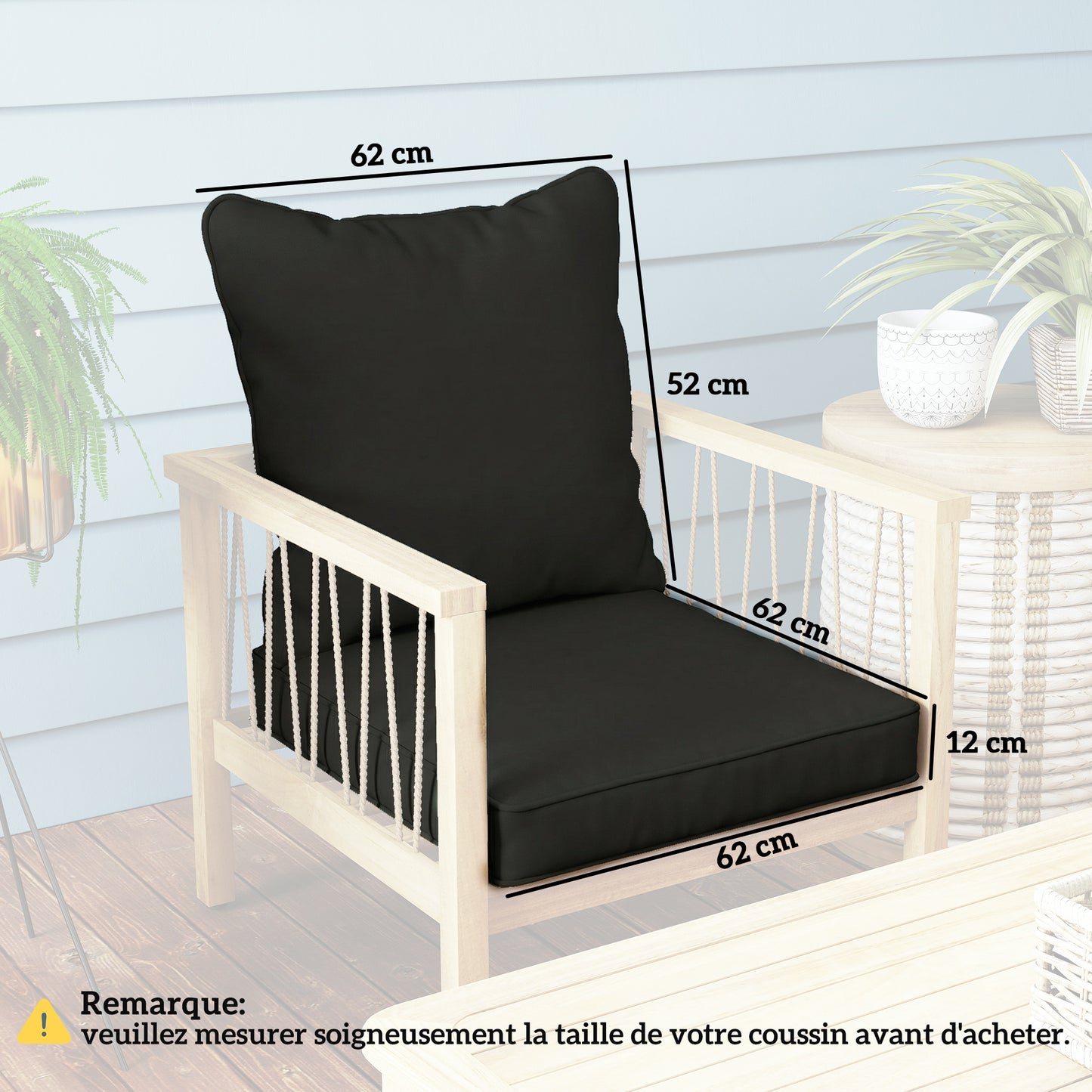 Garden Chair Cushion with Seat & Back Pad, CUSHION ONLY, Black