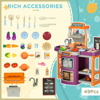 AIYAPLAY Toy Kitchen, 49 Pieces Kids Play Kitchen, Children Trolley, with Sound and Light, Spray Effects, Running Water