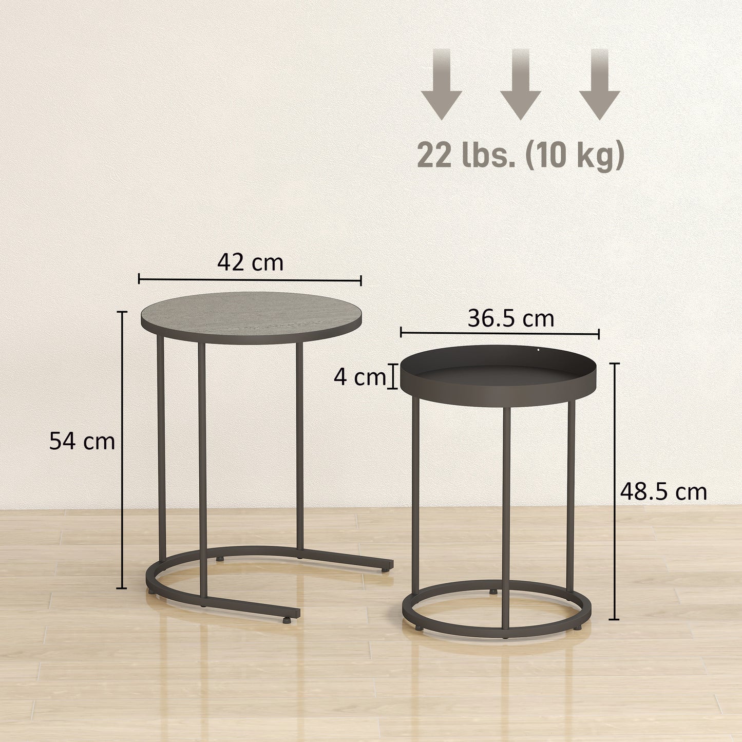 Nesting Side Table Set of 2, Industrial Round Nest of Tables, Grey