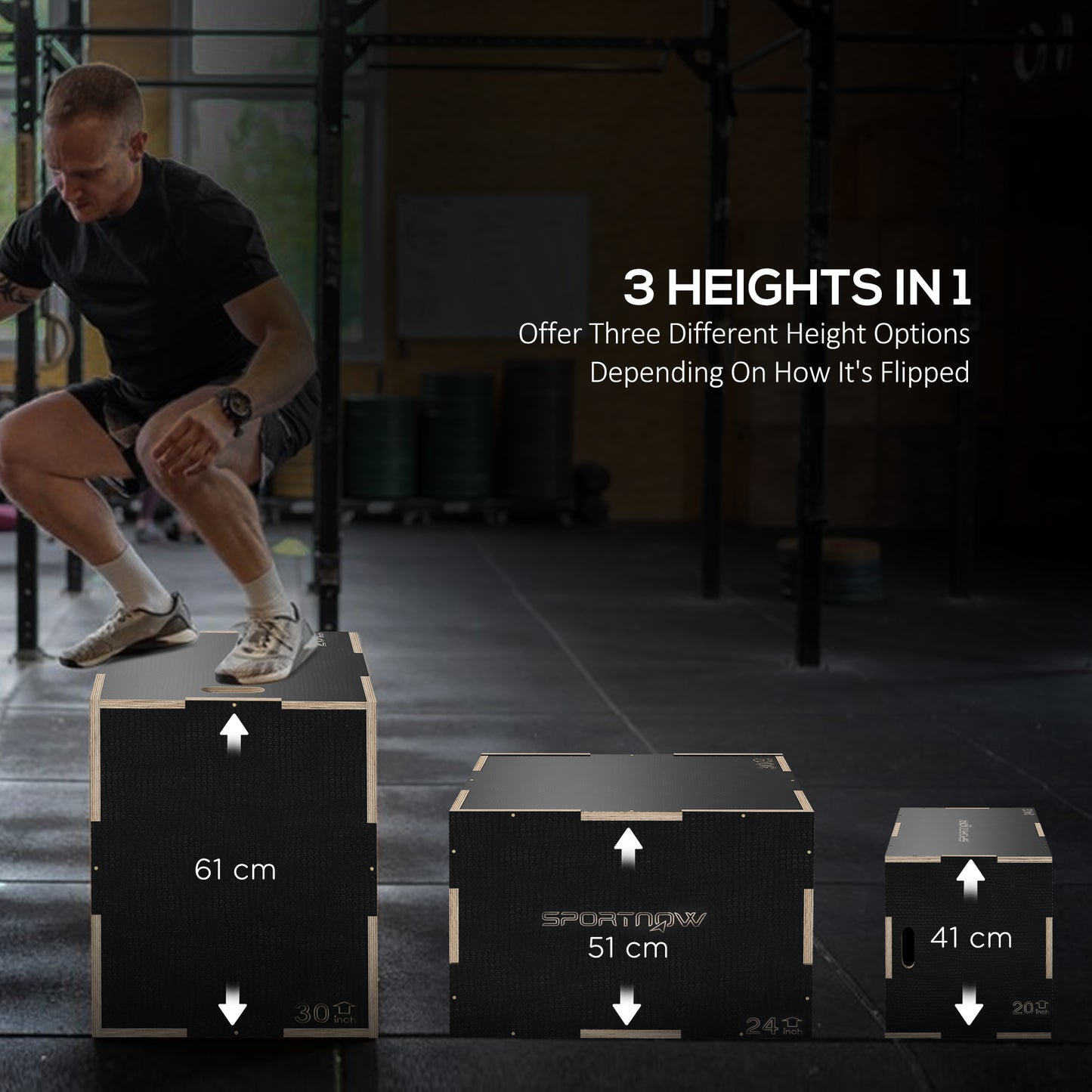 41/51/61cm Plyometric Jump Box, Wooden Plyo Box for Home Gym
