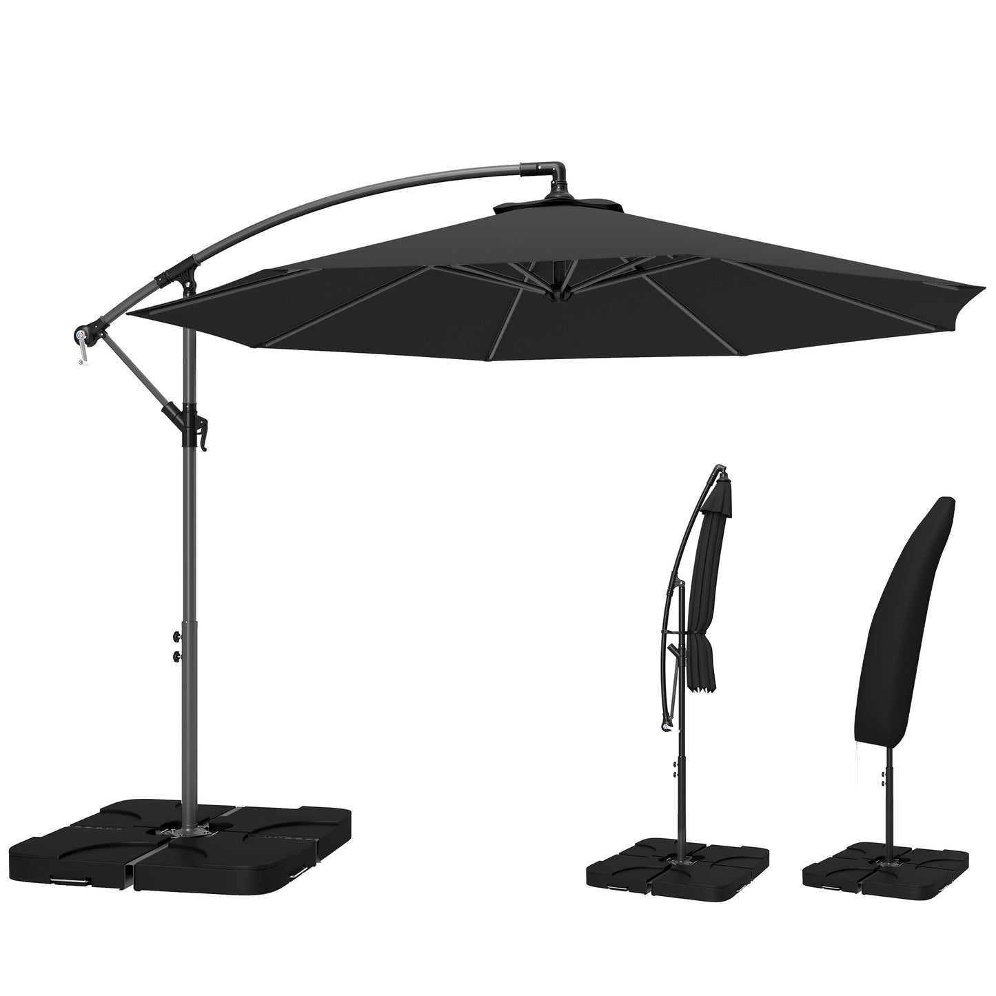 3(m) Banana Parasol Cantilever Umbrella Garden w/ Base Weights - Black