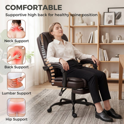 High-Back Executive Home Office Chair, PU Leather Computer Desk Chair with 360 Degree Swivel, Reclining Function, Retractable Footrest and Adjustable Height, Brown