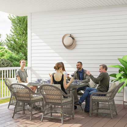 6 Seater Rattan Dining Set with Seat Back Cushions, Aluminium Frame