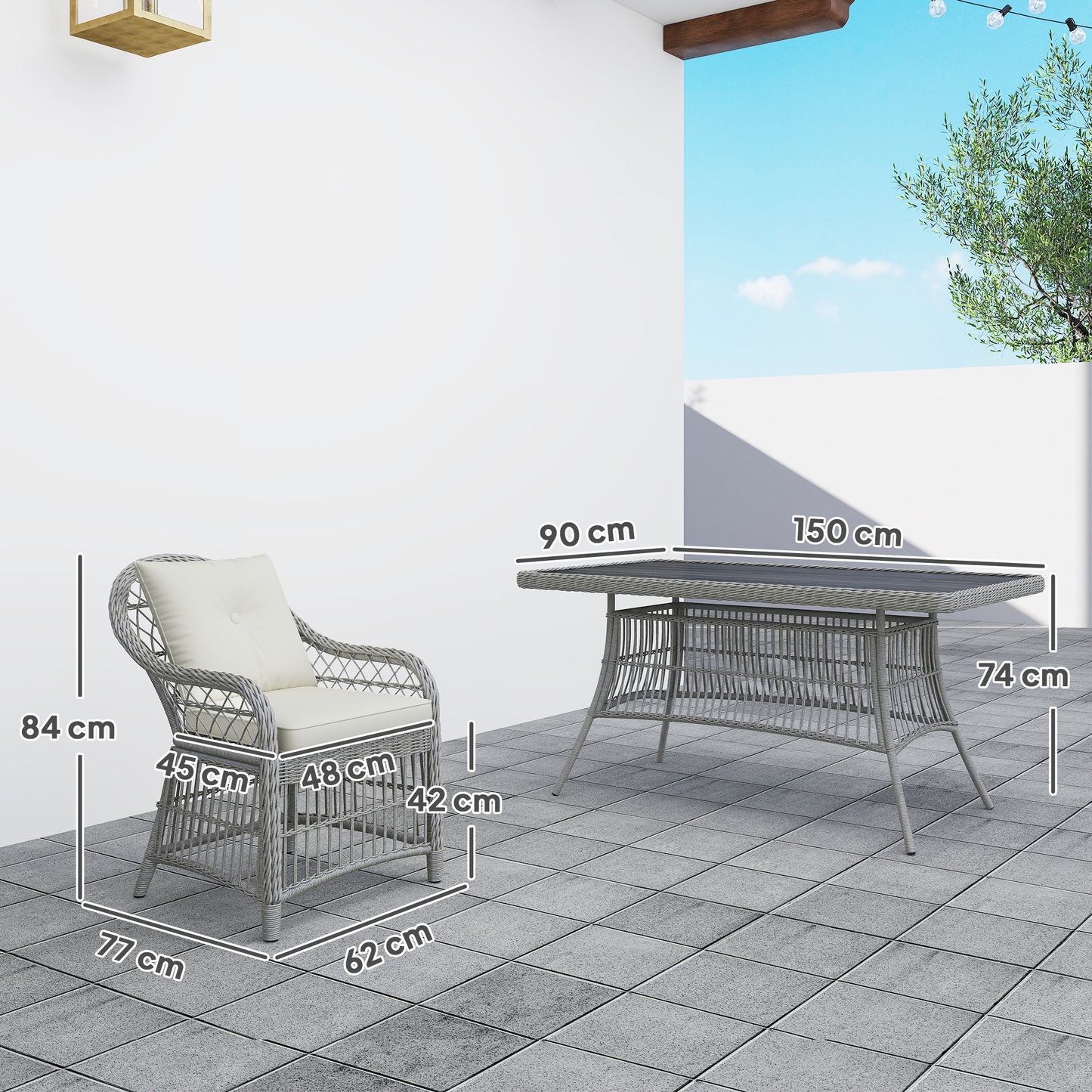 6 Seater Rattan Dining Set with Seat Back Cushions, Aluminium Frame