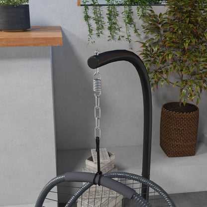 Outdoor PE Rattan Swing Chair with Cushion, Foldable Basket Patio Hanging Chair w/ Metal Stand, Rotation Spring Hook, Basket Height
