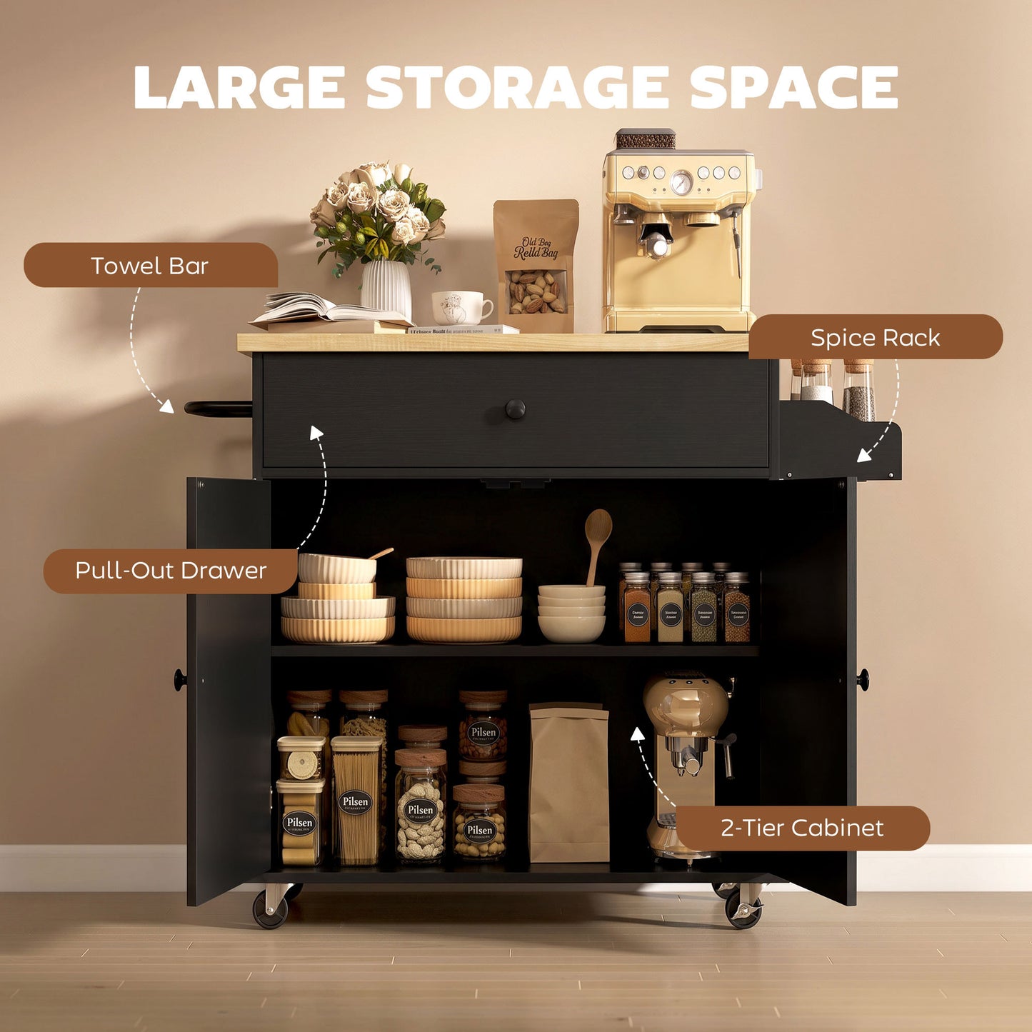Kitchen Island with Drop Leaf, Rolling Kitchen Storage Trolley, Black
