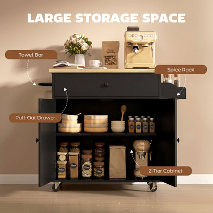 Kitchen Island with Drop Leaf, Rolling Kitchen Storage Trolley, Black