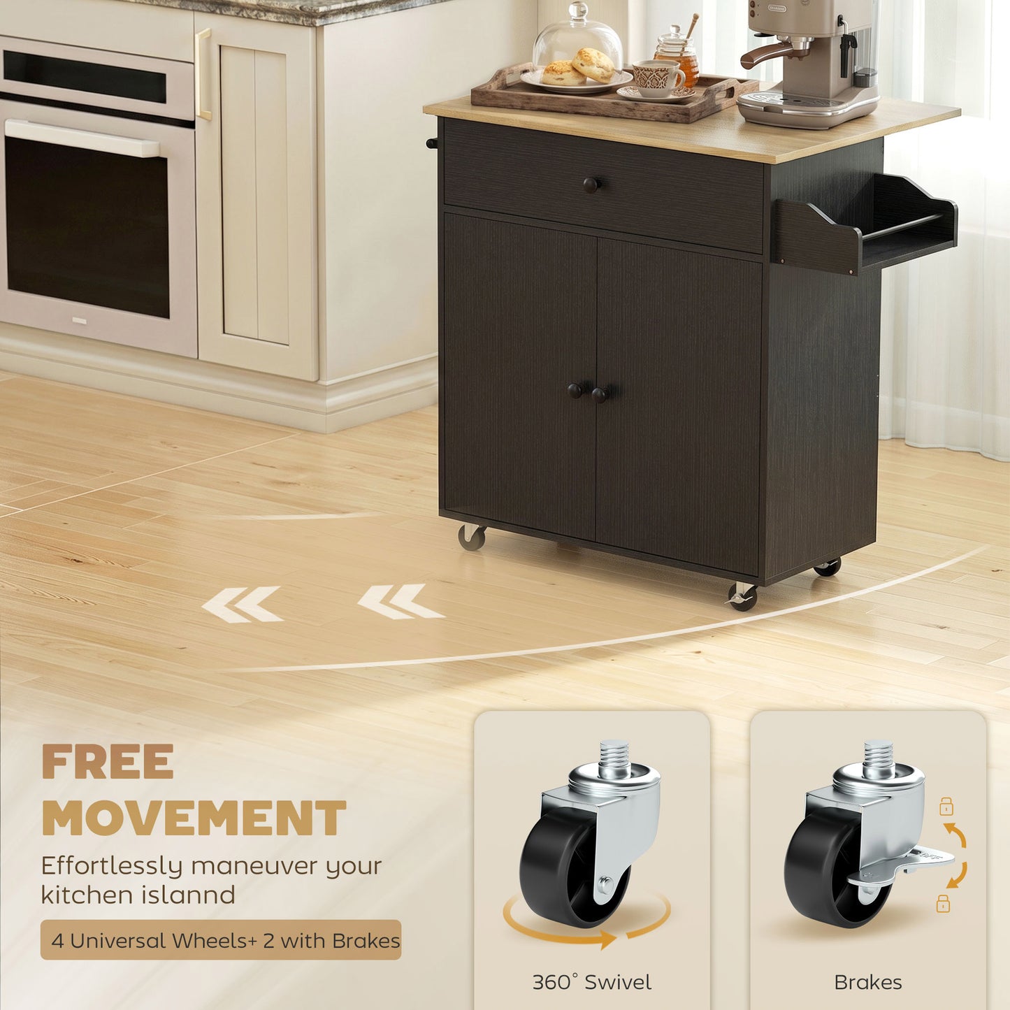 Kitchen Island with Drop Leaf, Rolling Kitchen Storage Trolley, Black
