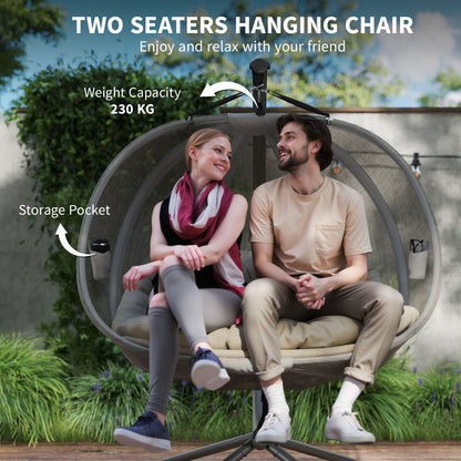 Double Hanging Egg Chair 2 Seaters Swing Hammock w/ Cushion, Brown