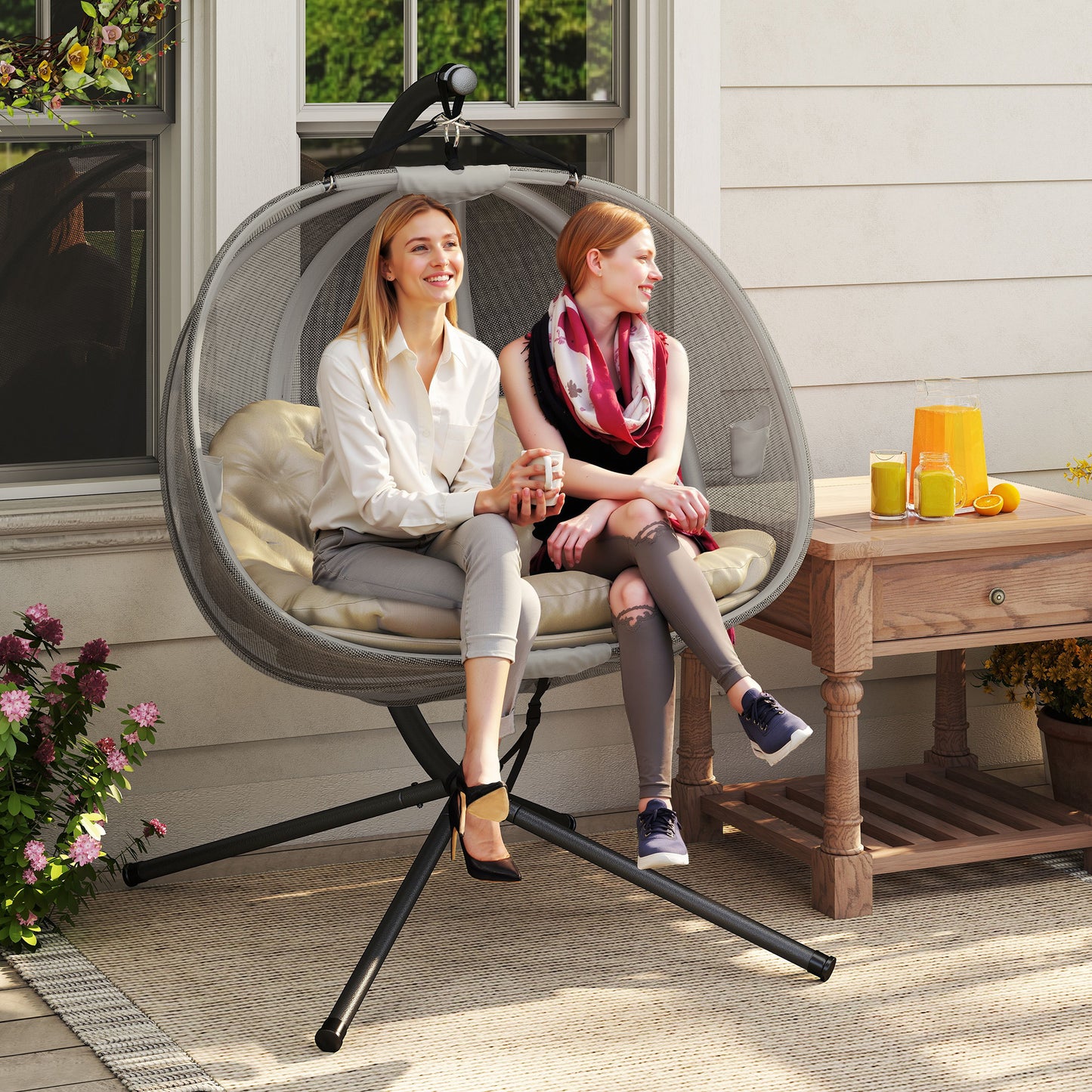 Double Hanging Egg Chair 2 Seaters Swing Hammock w/ Cushion, Brown