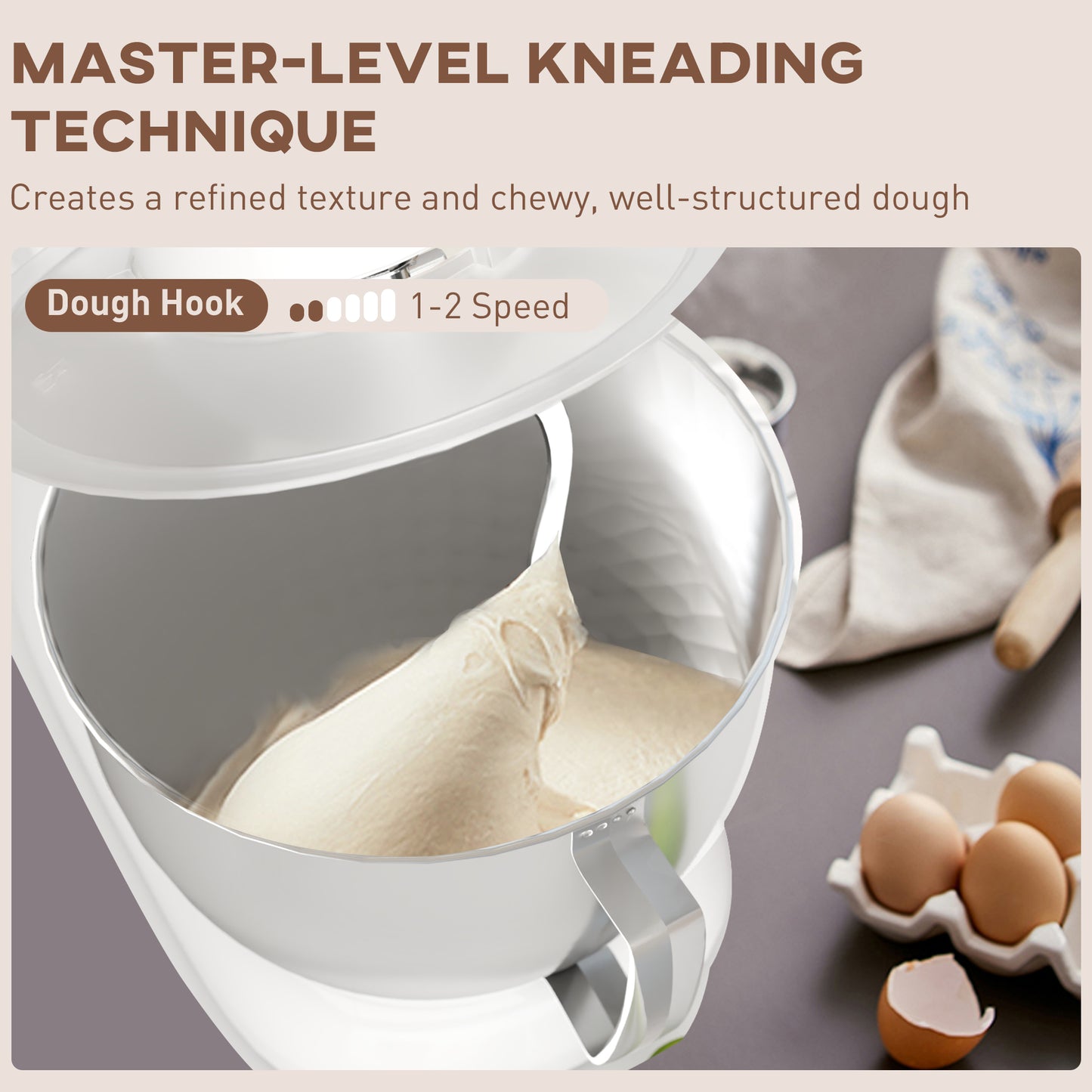 Electric Stand Mixer, 4.5L Food Mixer with Dough Hook, Whisk, White