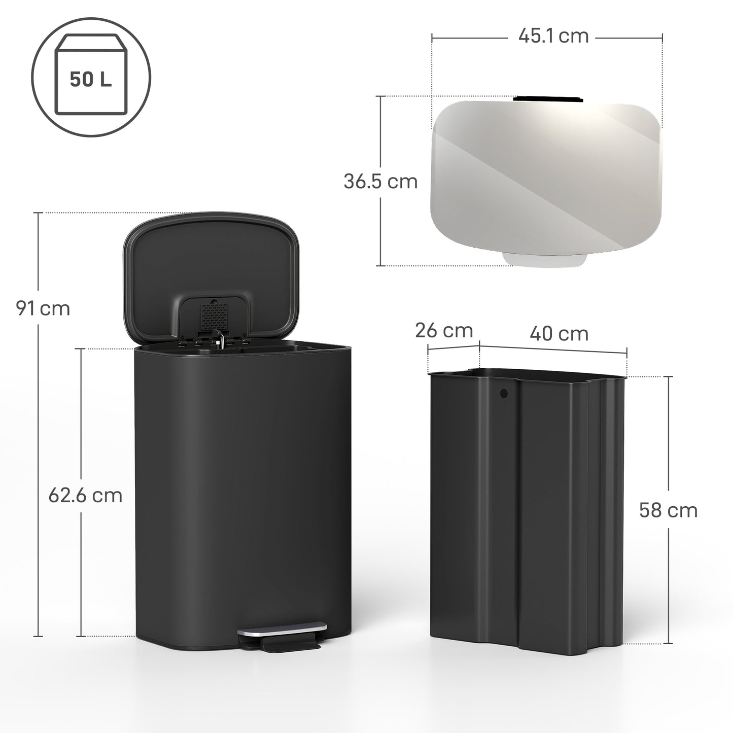 Pedal Bin with Soft-Close Lid, 50L Kitchen Bin with Carry Handle Black