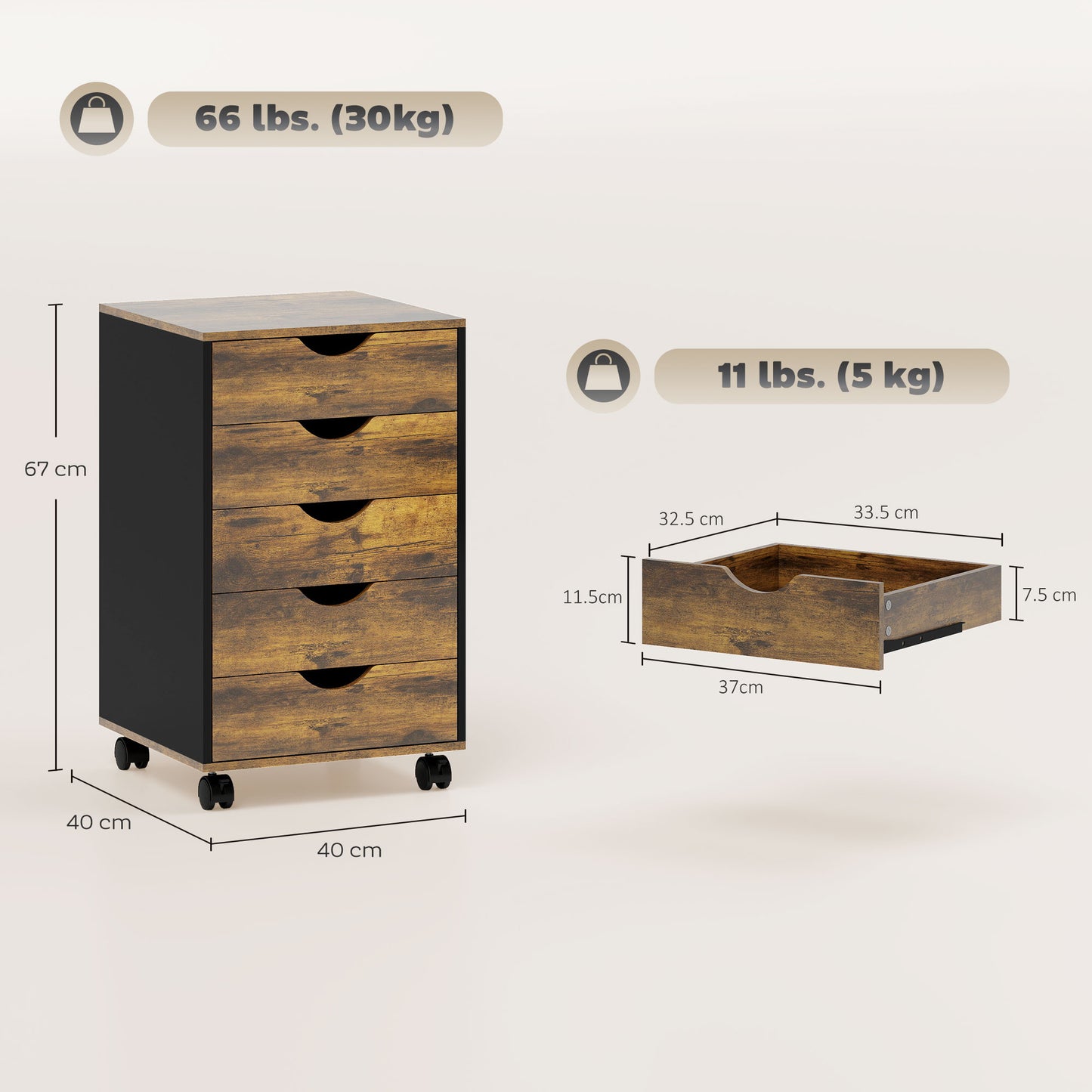 Filing Cabinet with 5 Drawers, Under Desk Drawer, Rustic Brown