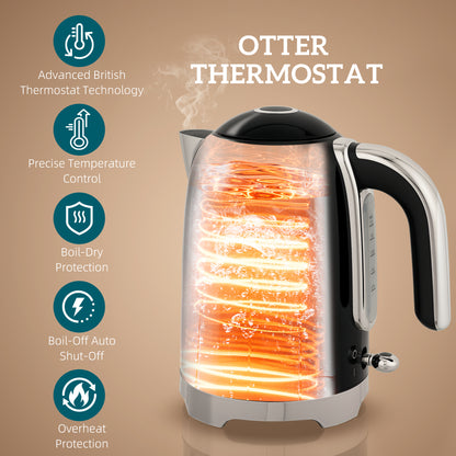 Kettle and Toaster Set with Temperature Gauge, Crumb Tray, Black