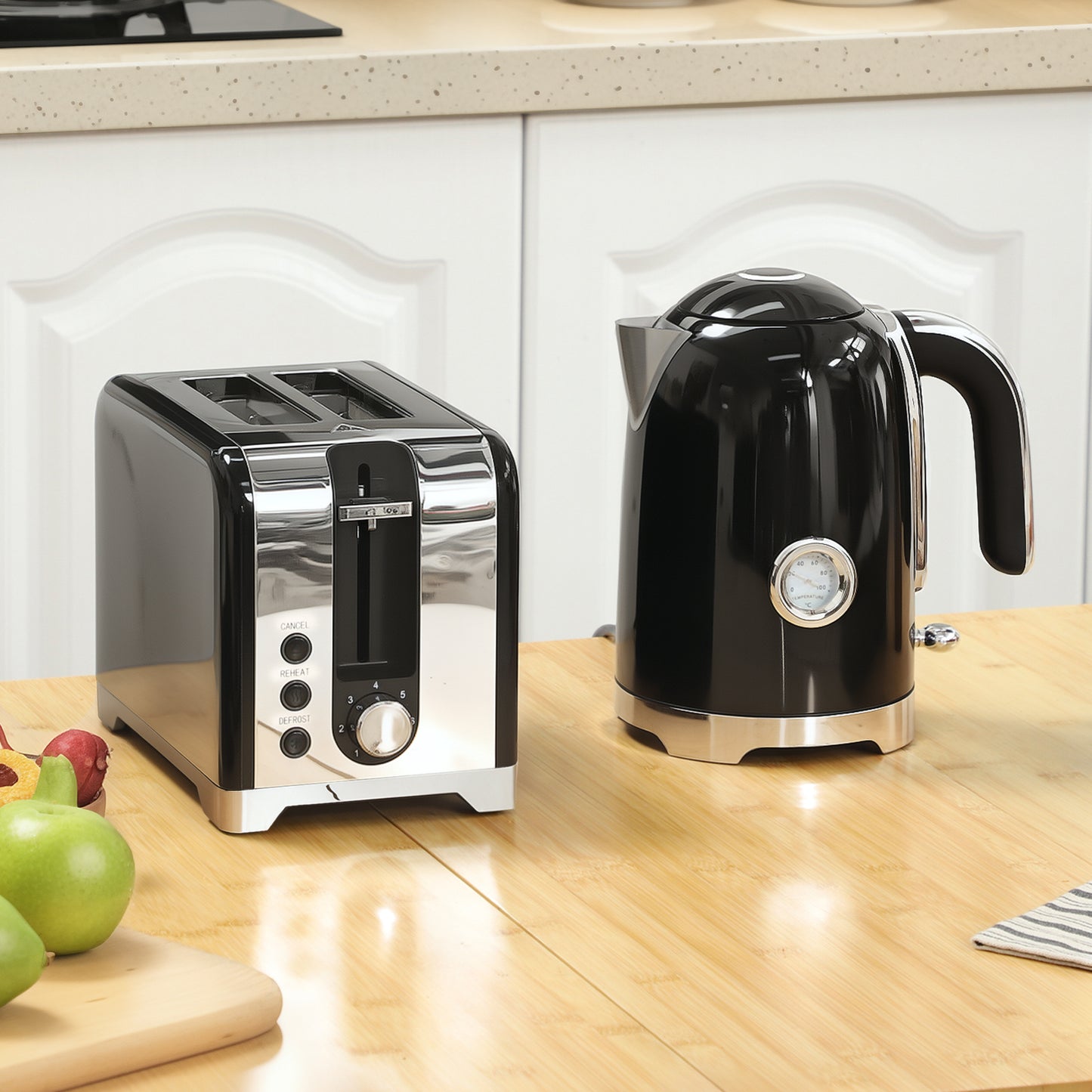 Kettle and Toaster Set with Temperature Gauge, Crumb Tray, Black