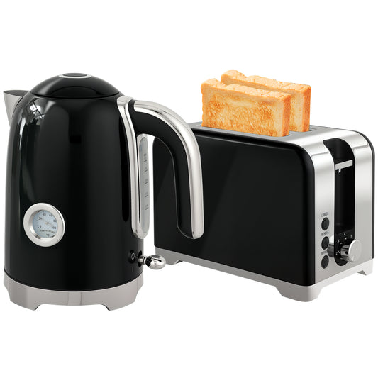 Kettle and Toaster Set with Temperature Gauge, Crumb Tray, Black