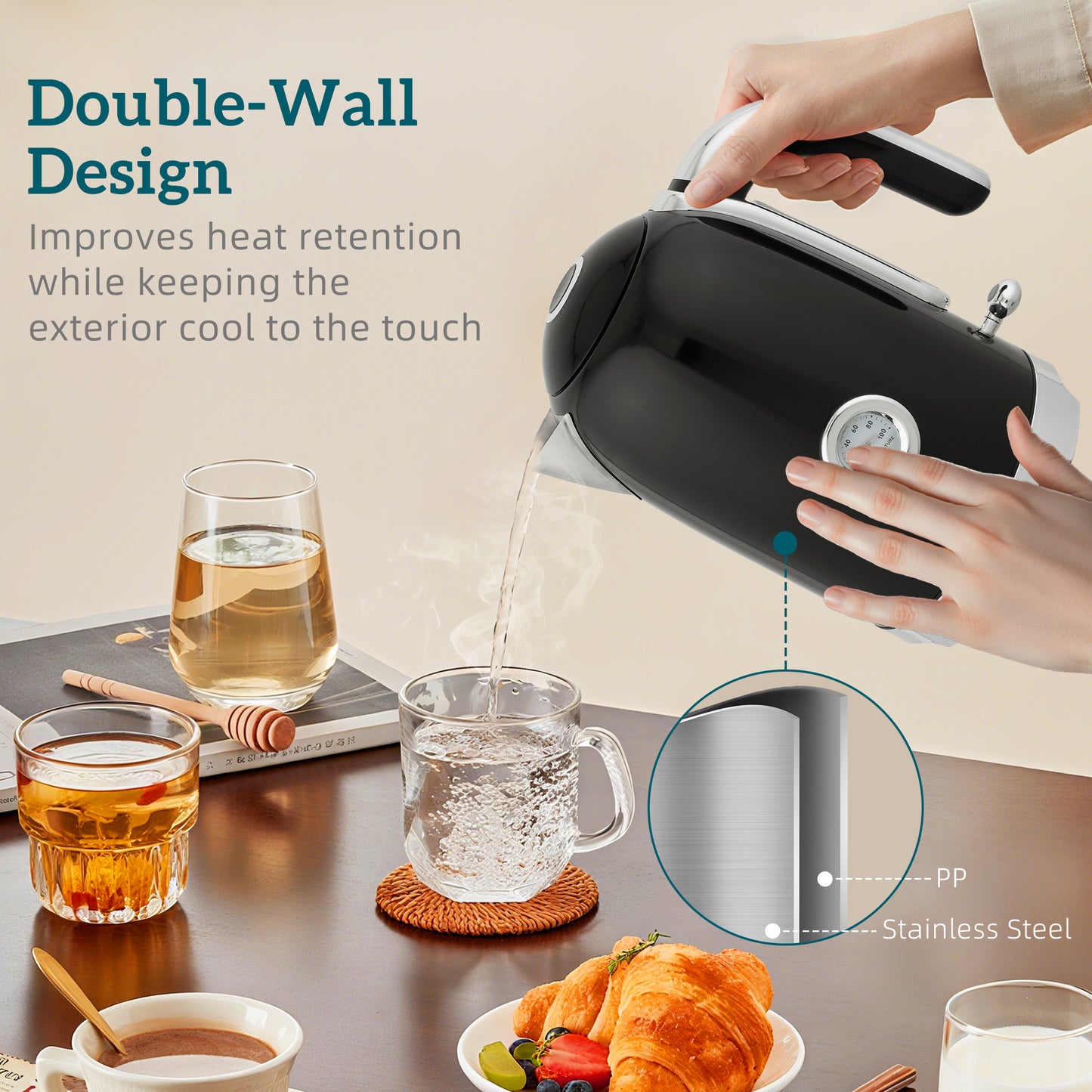 Kettle and Toaster Set with Temperature Gauge, Crumb Tray, Black