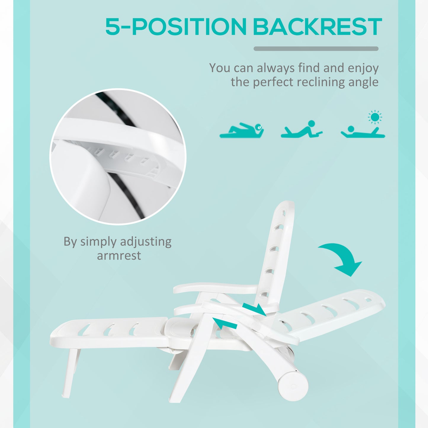 Patio Folding Lounge Chair Recliner with Wheels & 5-Position Backrest
