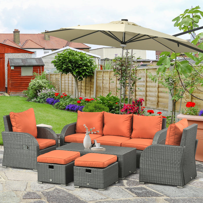 6pc Outdoor Rattan Wicker Furniture Set with 3-Seat Sofa, 2 Single Sofas, 2 Footstools and Coffee Table