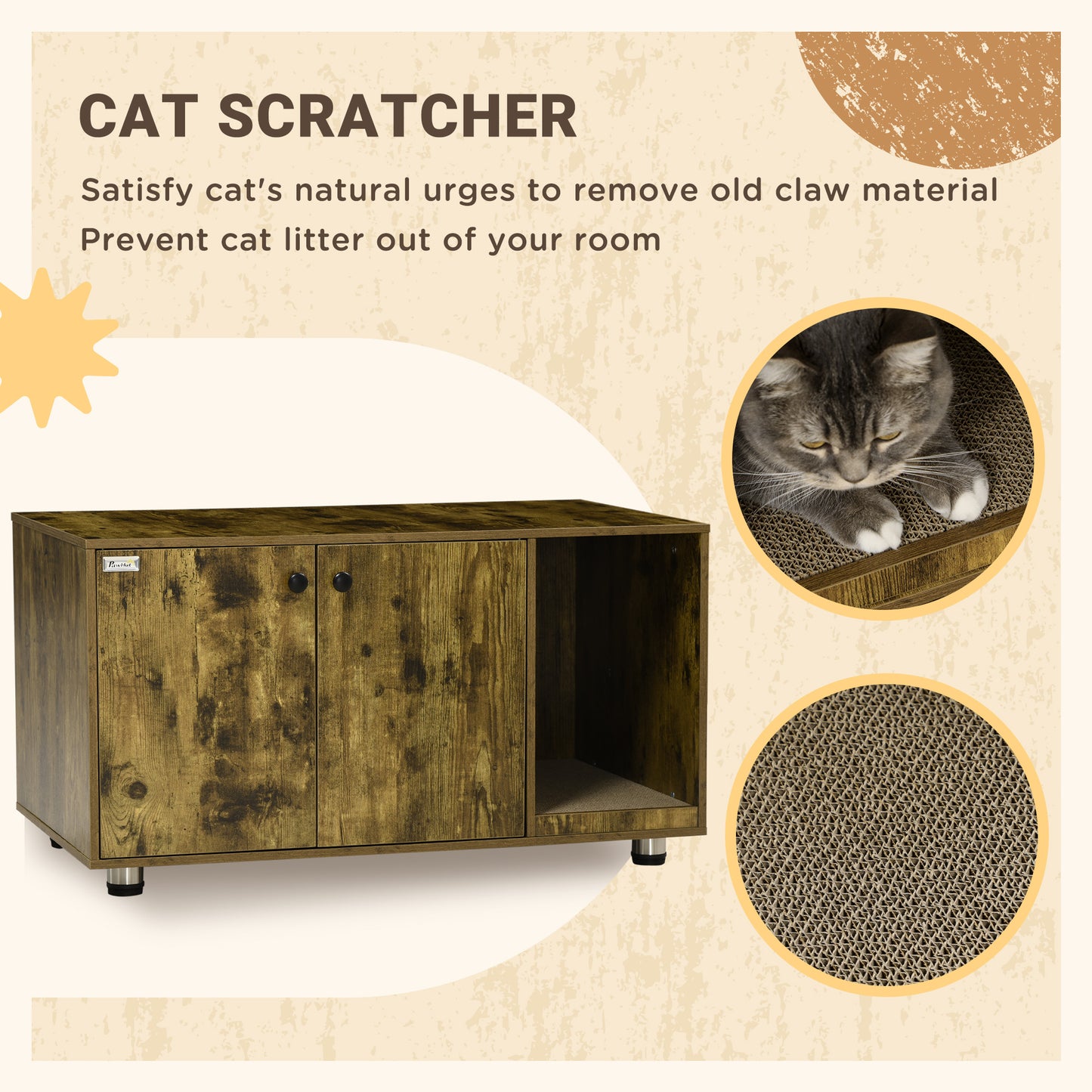 Cat Litter Box Enclosure, Hidden Cat Washroom, Decorative End Table with Double Doors, Scratching Pad, Rustic Brown