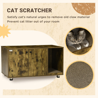 Cat Litter Box Enclosure, Hidden Cat Washroom, Decorative End Table with Double Doors, Scratching Pad, Rustic Brown