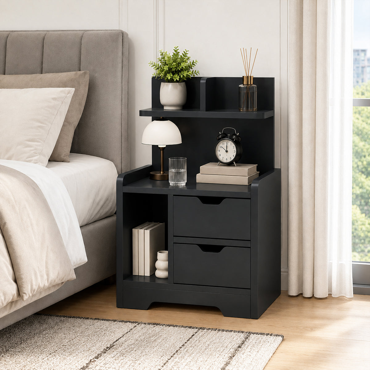 Modern Bedside Table with 2 Drawers and Open Shelves for Bedroom