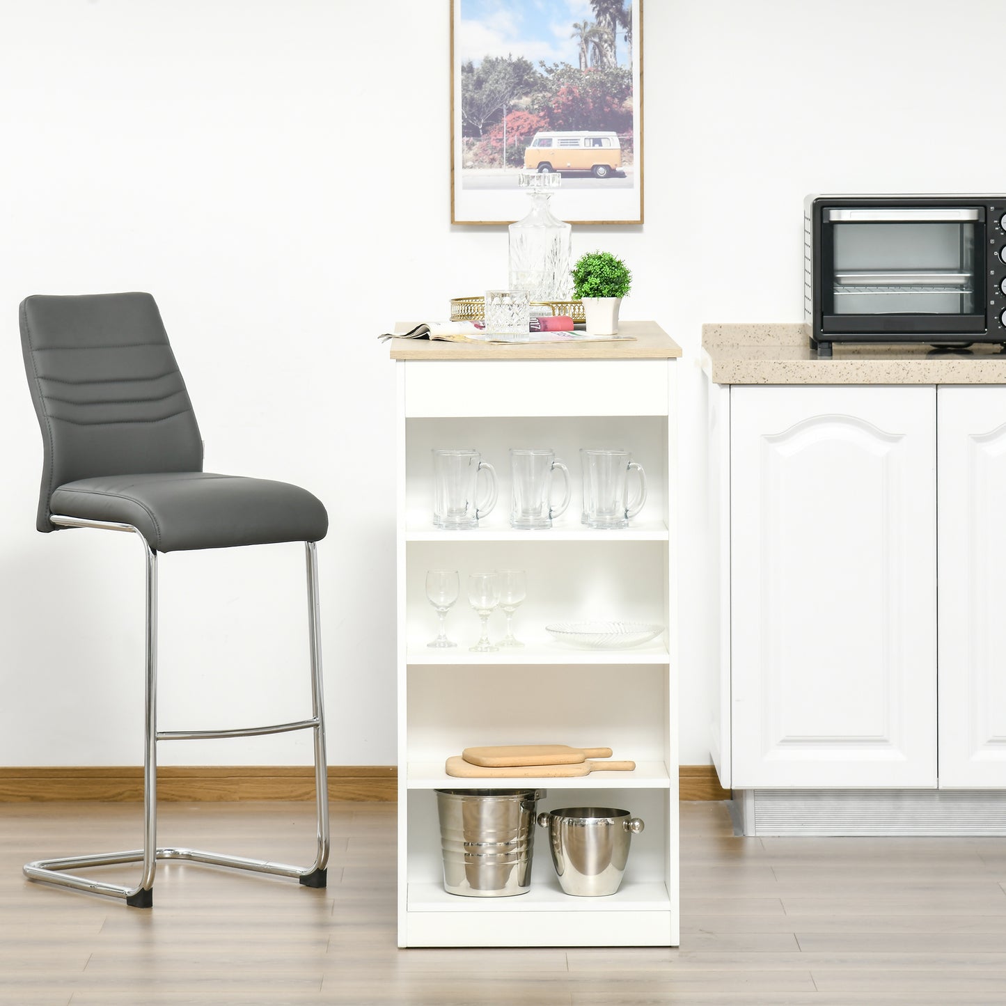 Bar Table Coffee Table Kitchen Dining Table with 4-Tier Shelf Natural