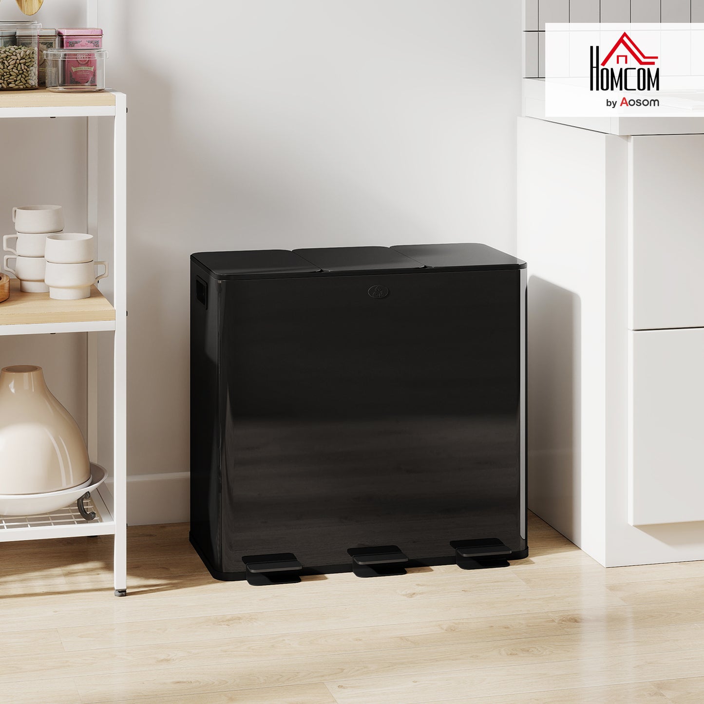 3 x 20L Triple Kitchen Bin Pedal Bin for Recycling and Waste, Black