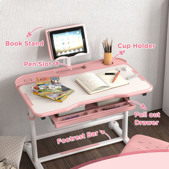 Height Adjustable Kids Desk and Chair Set w/ Tilted Desktop - Pink