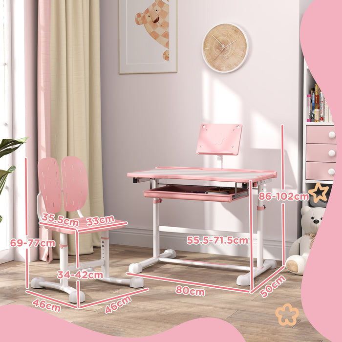 Height Adjustable Kids Desk and Chair Set w/ Tilted Desktop - Pink