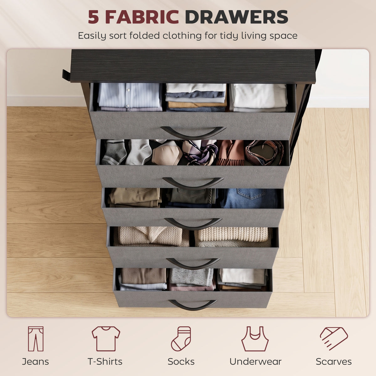 Fabric Chest of Drawers, 5 Drawer Dresser for Bedroom, Charcoal Grey