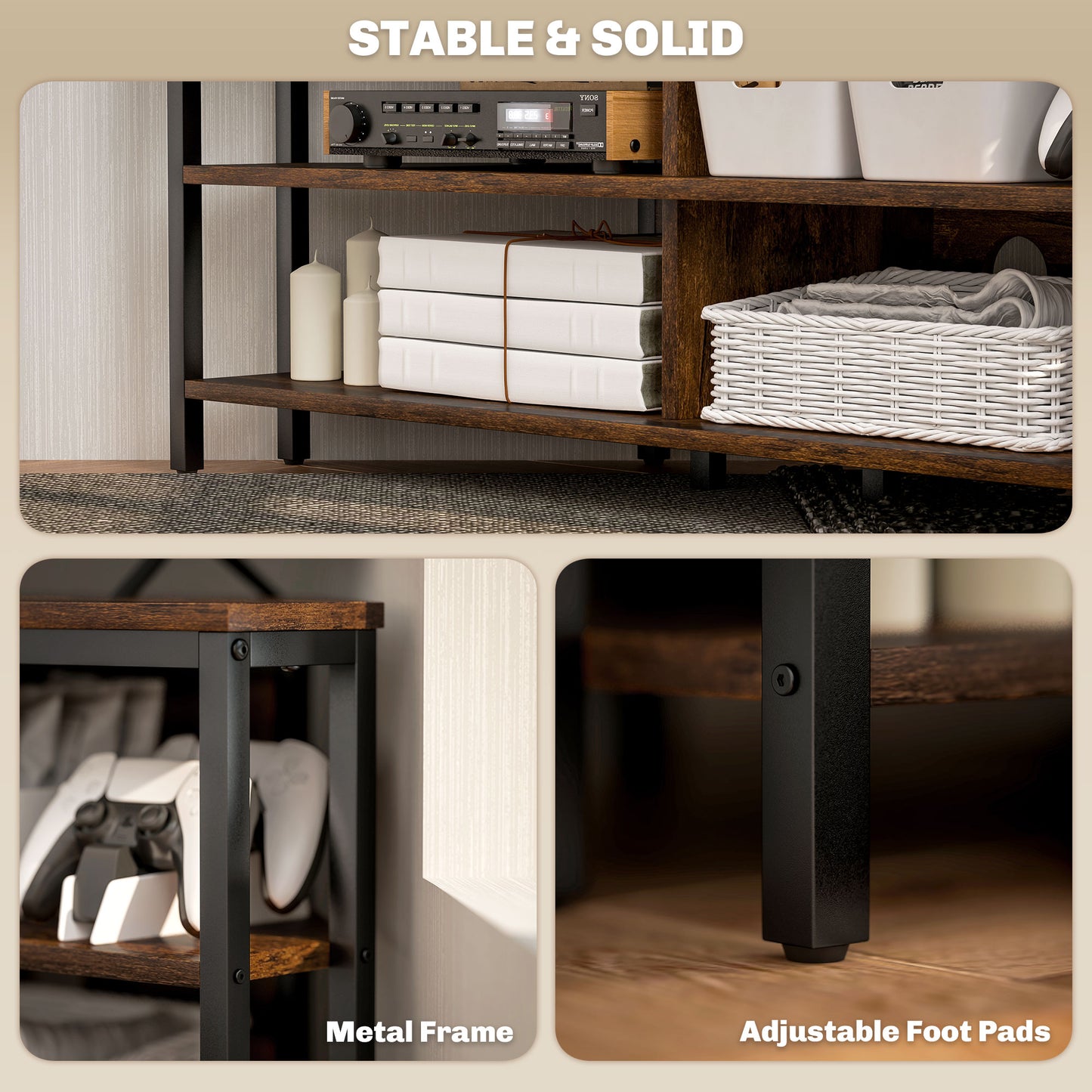 50" TV Stand Cabinet, TV Unit with Storage Shelves, Rustic Brown