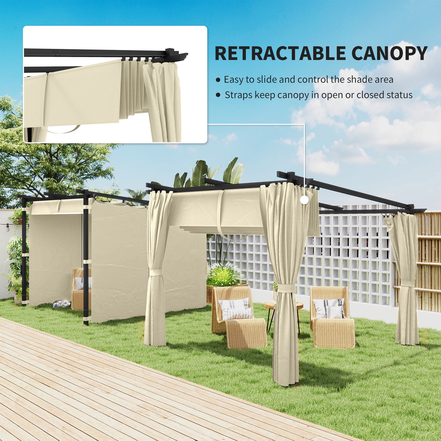 3 x 3(m) Metal Pergola with Retractable Roof and Sidewalls, Beige