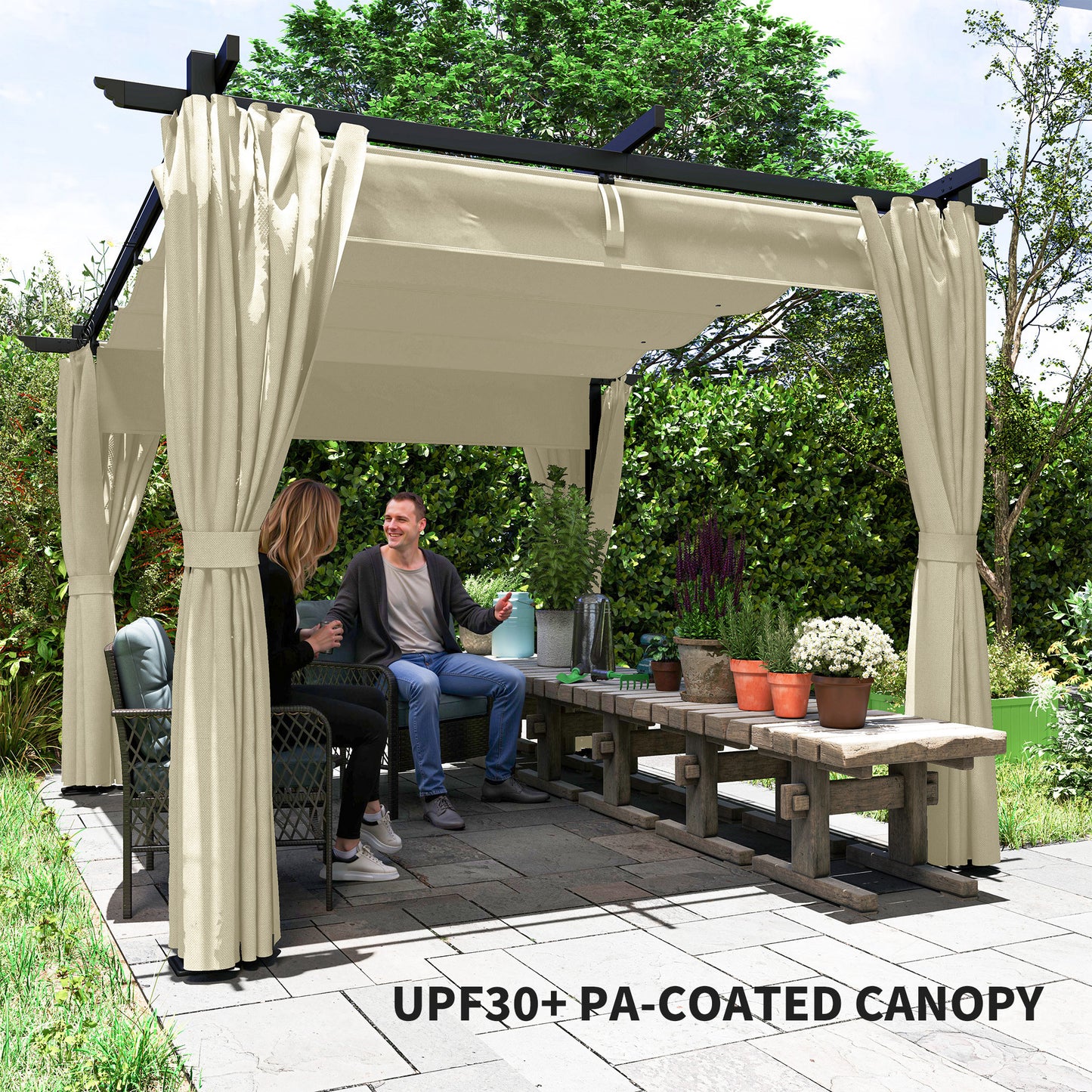 3 x 3(m) Metal Pergola with Retractable Roof and Sidewalls, Beige
