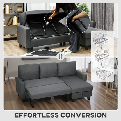Fold-Out Convertible Corner Sofa Bed with Removable Covers, Charcoal Grey