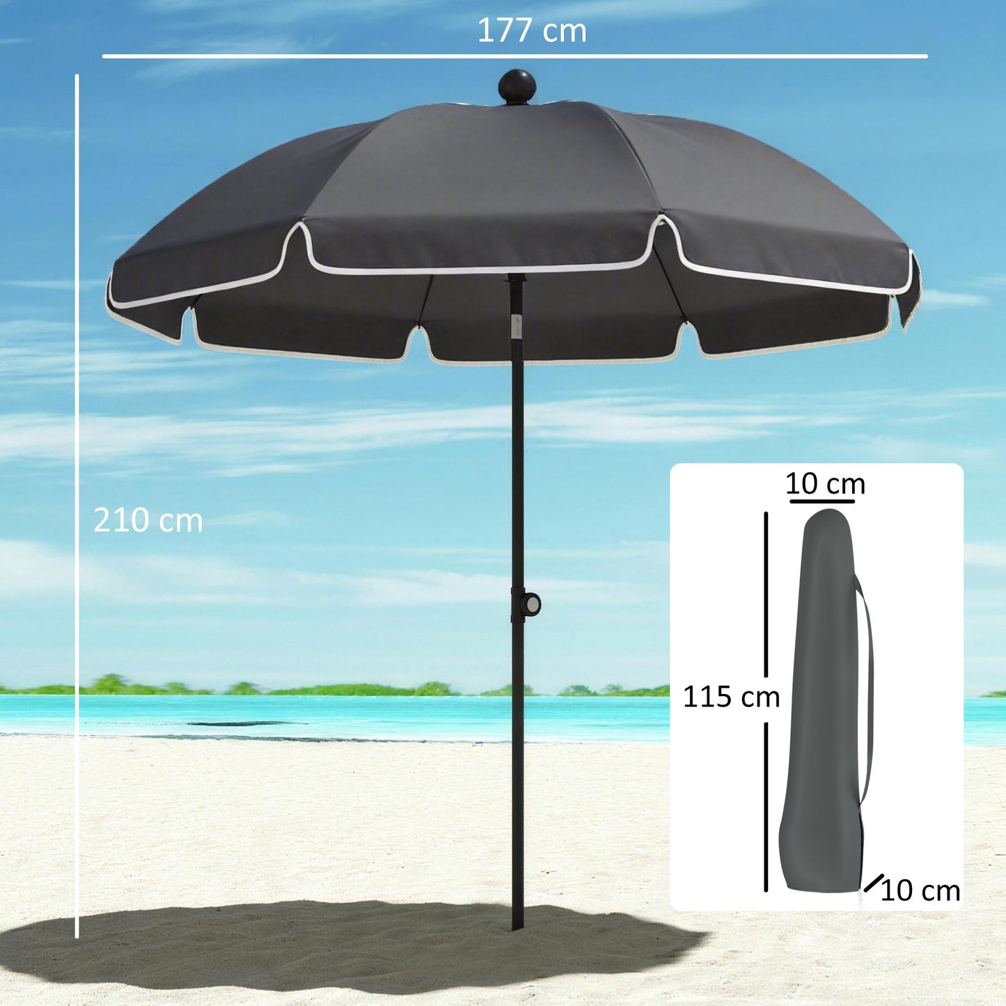 1.8 m Beach Umbrella Parasol with Sand Anchor, Tilt, Dark Grey