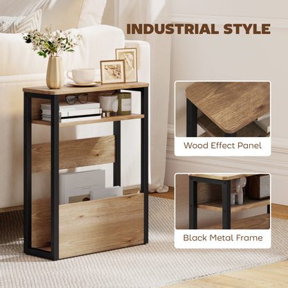 Narrow Side Table with Storage, Bedside End Table, Walnut Brown