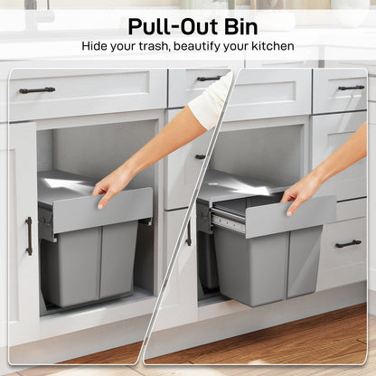 Soft Close Pull Out Bin, Under Sink Bin - 2 Compartments (15L Each)