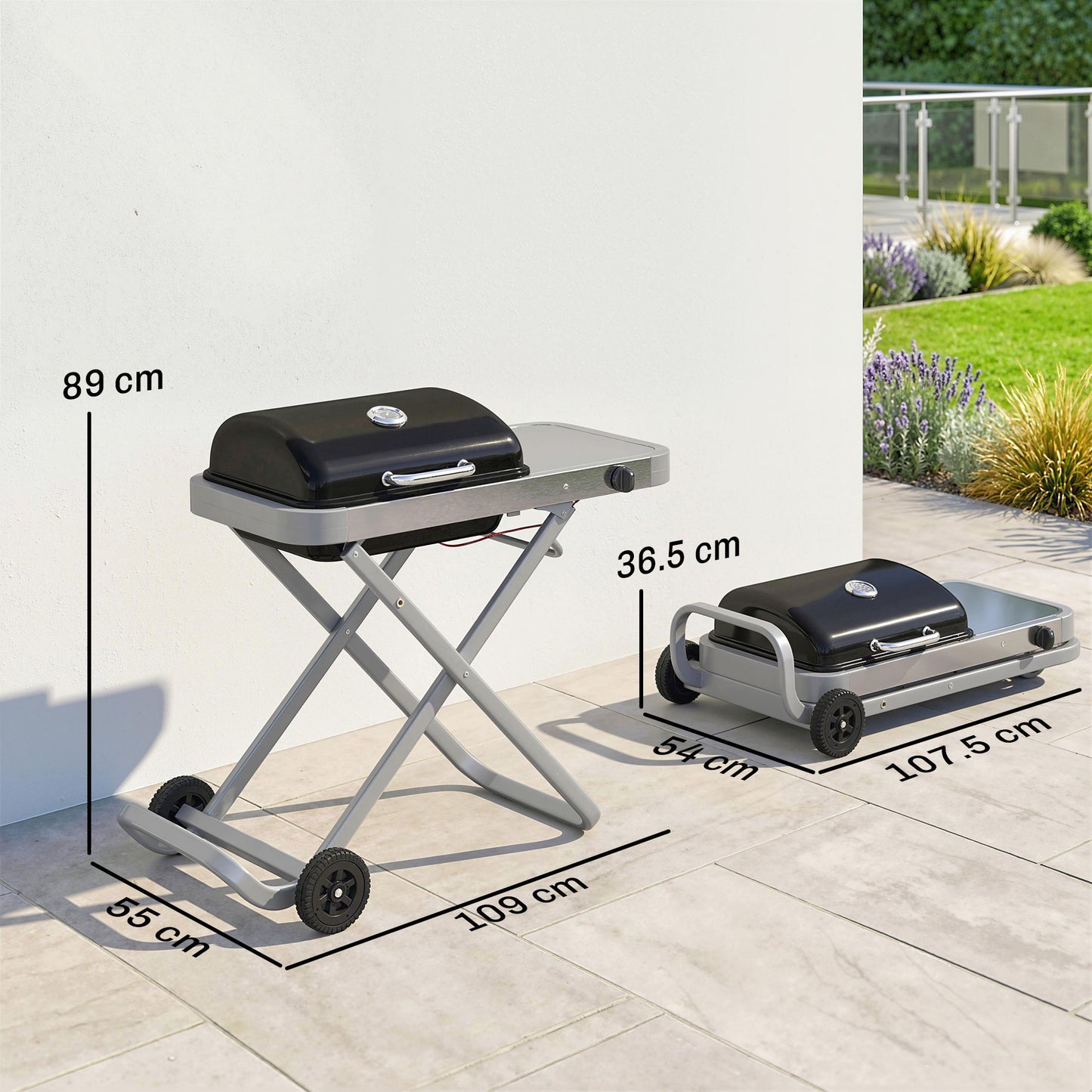 Foldable Gas BBQ Barbecue Grill with Side Table, 2.5 kW, Black